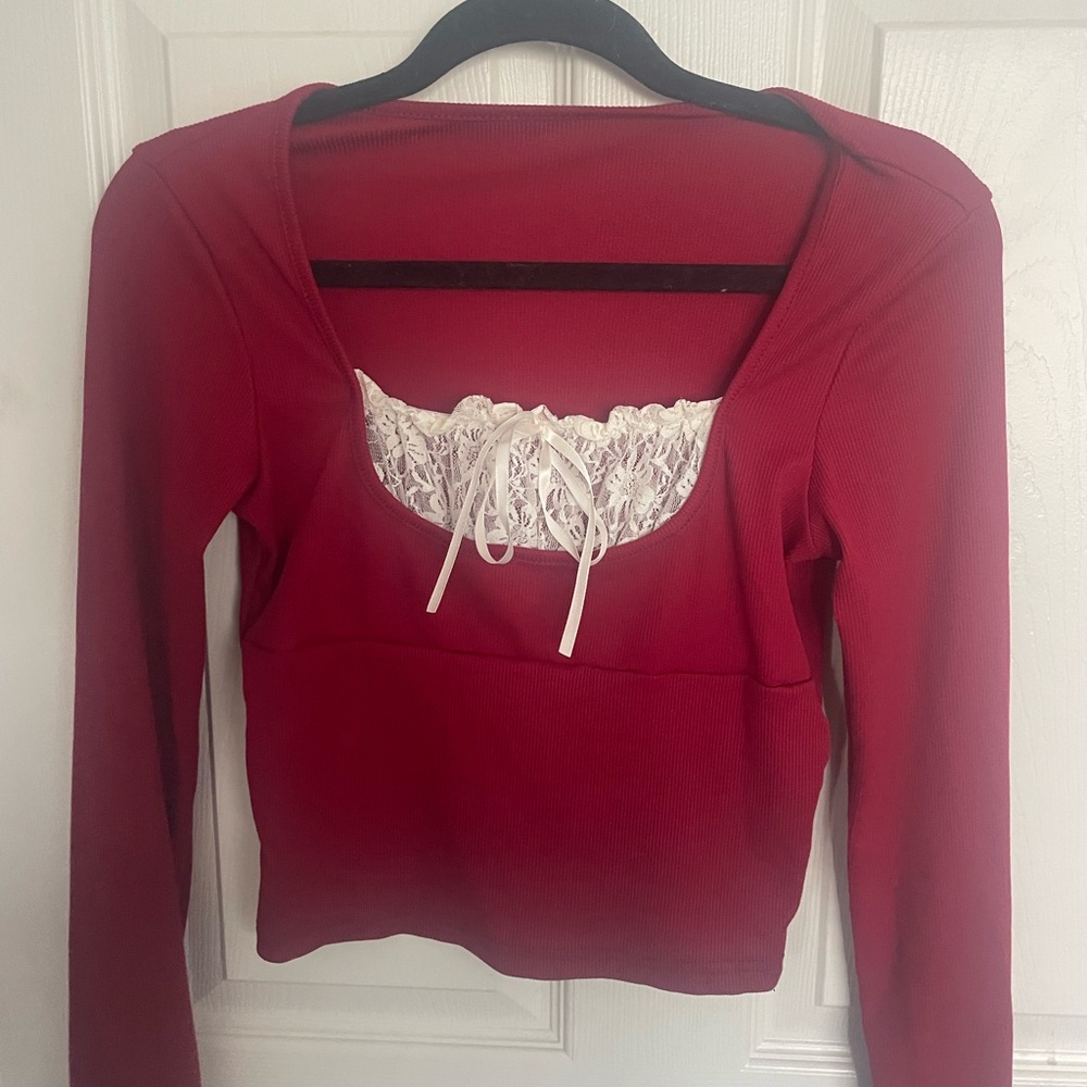 Red Tie Front Fitted Blouse Coquette Doll Long sleeve